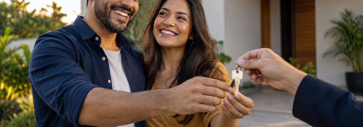 Casal recebendo as chaves da casa nova