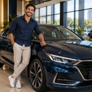 Jovem ao lado do carro novo