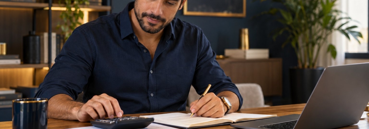 Pessoa planejando com calculadora e documentos