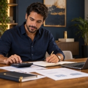 Pessoa planejando com calculadora e documentos