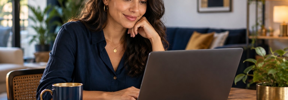 Mulher comparando opções de plano no notebook