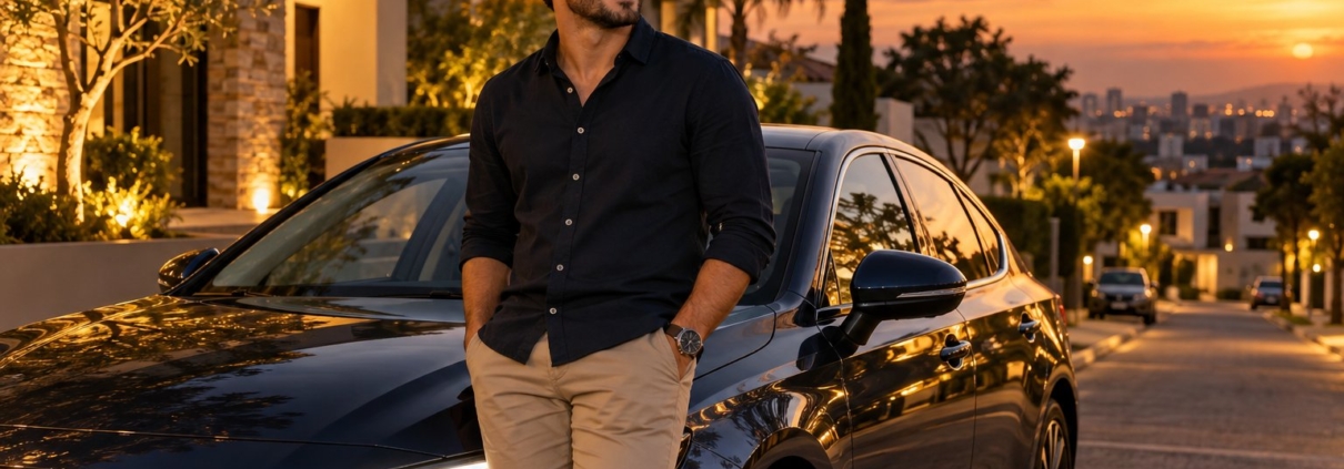 Motorista sorridente ao lado do carro estacionado ao entardecer