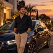 Motorista sorridente ao lado do carro estacionado ao entardecer