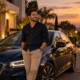 Motorista sorridente ao lado do carro estacionado ao entardecer