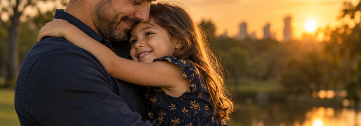 Pai e filha abraçados ao ar livre