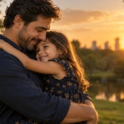 Pai e filha abraçados ao ar livre