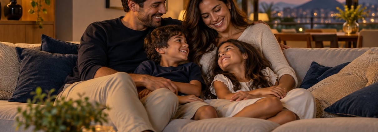 Família em sala de estar aconchegante