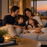 Família em sala de estar aconchegante