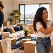 Jovem casal organizando apartamento alugado